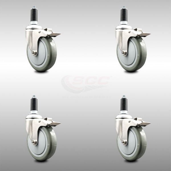 Service Caster 5 Inch 316SS Gray Poly Swivel 1-3/8 Inch Expanding Stem Caster Set Lock Brake SCC-SS316TTLEX20S514-PPUB-138-4 - main